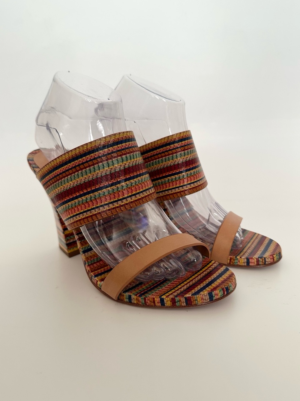 John Camuto Striped Multi-Color Raffia Block Heel Sandals with Tan Leather Strap